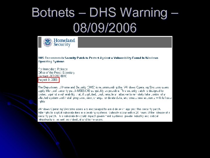 Botnets – DHS Warning – 08/09/2006 