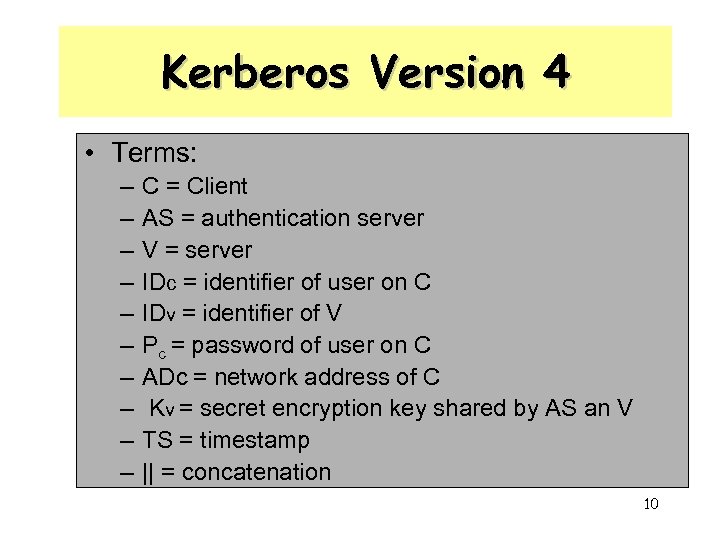 Kerberos Version 4 • Terms: – – – – – C = Client AS