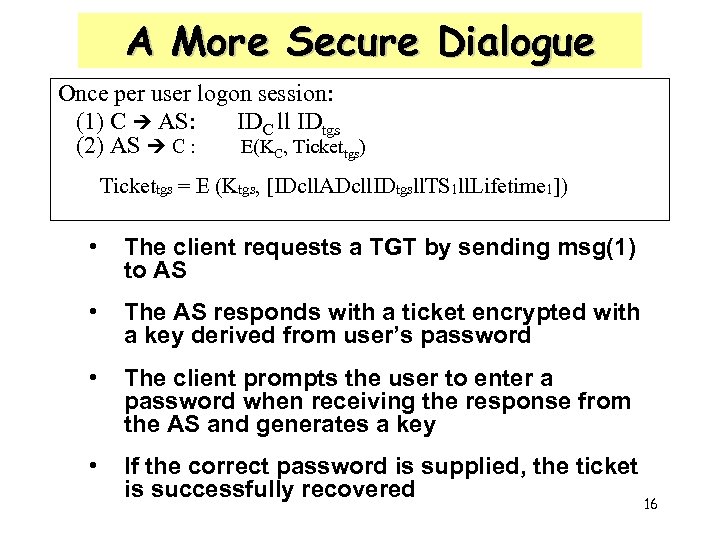 A More Secure Dialogue Once per user logon session: (1) C AS: IDC ll