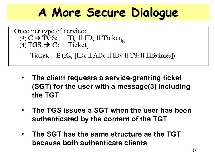 A More Secure Dialogue Once per type of service: (3) C TGS: IDC ll