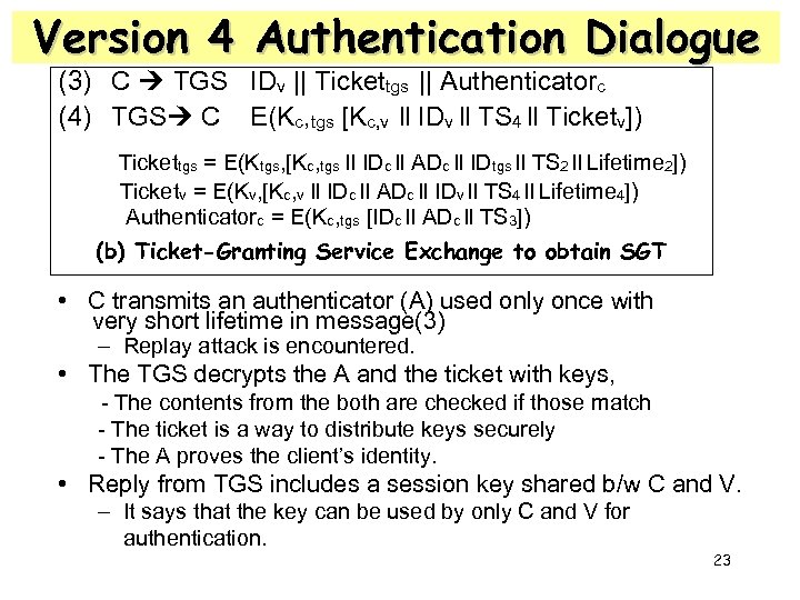 Version 4 Authentication Dialogue (3) C TGS IDv || Tickettgs || Authenticatorc (4) TGS