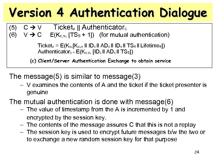 Version 4 Authentication Dialogue (5) (6) C V V C Ticketv || Authenticatorc E(Kc,