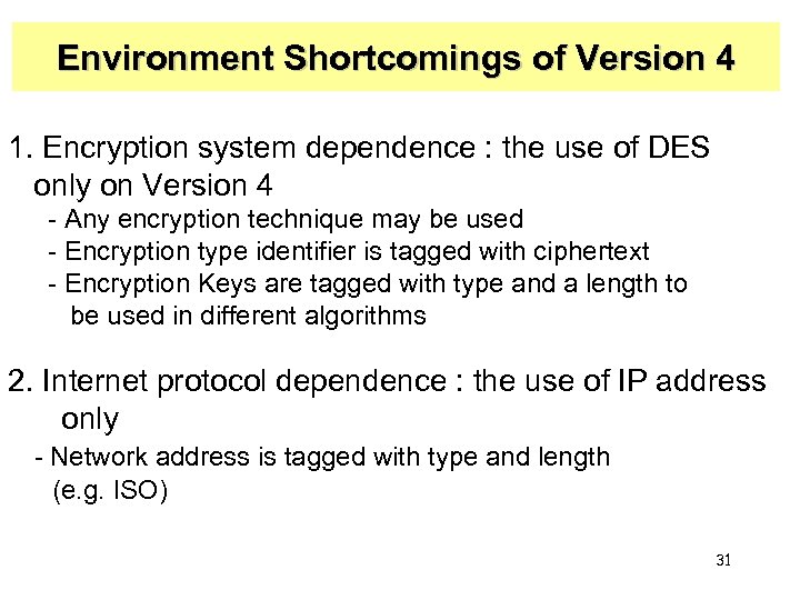 Environment Shortcomings of Version 4 1. Encryption system dependence : the use of DES