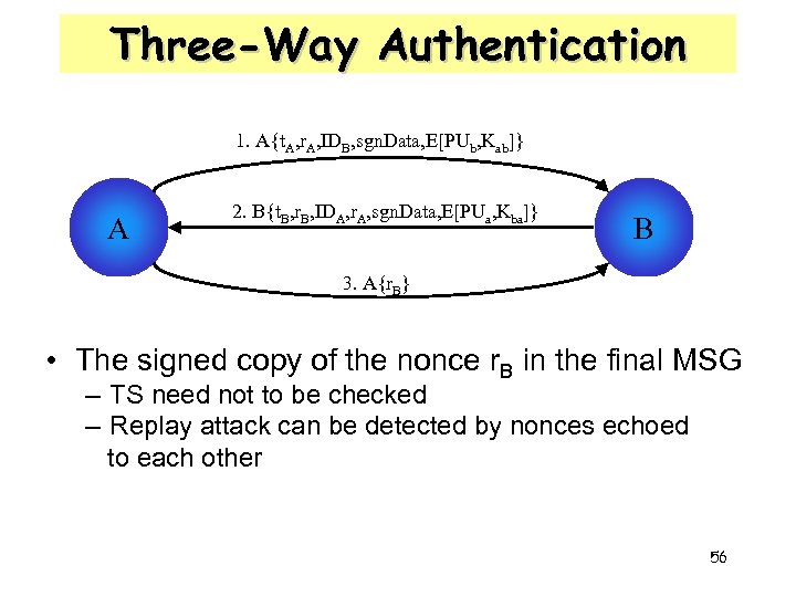 Three-Way Authentication 1. A{t. A, r. A, IDB, sgn. Data, E[PUb, Kab]} A 2.