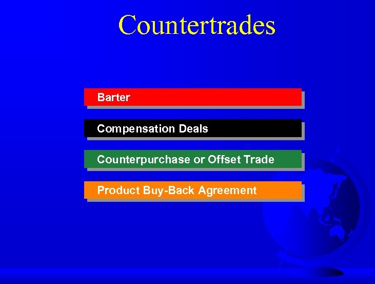 Countertrades Barter Compensation Deals Counterpurchase or Offset Trade Product Buy-Back Agreement 