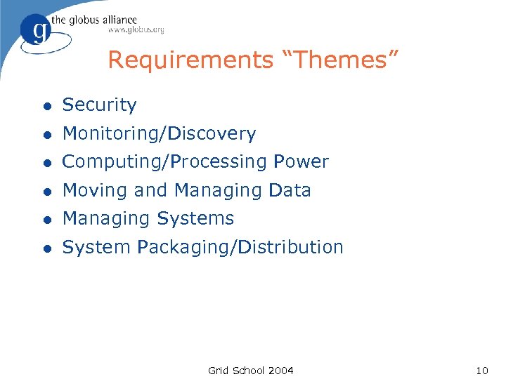 Requirements “Themes” l Security l Monitoring/Discovery l Computing/Processing Power l Moving and Managing Data