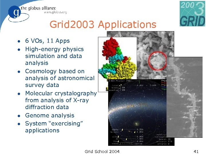 Grid 2003 Applications l l l 6 VOs, 11 Apps High-energy physics simulation and