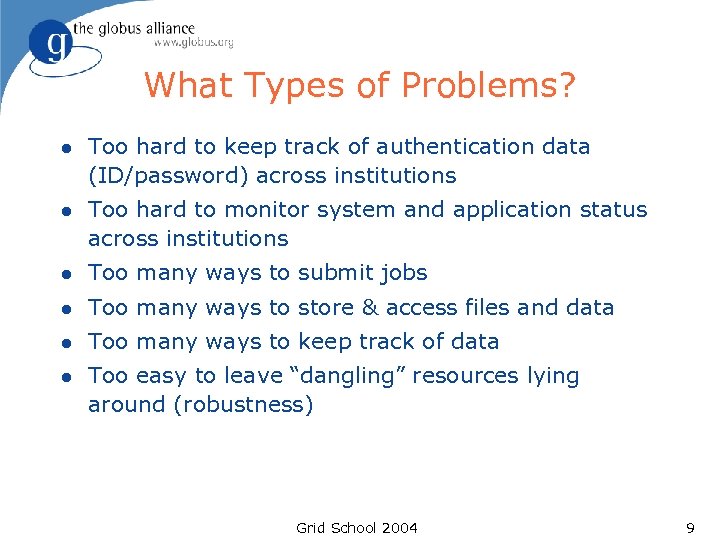What Types of Problems? l Too hard to keep track of authentication data (ID/password)