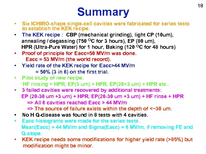 Summary • • • Six ICHIRO-shape single-cell cavities were fabricated for series tests to