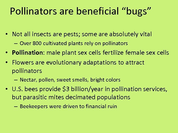 Pollinators are beneficial “bugs” • Not all insects are pests; some are absolutely vital