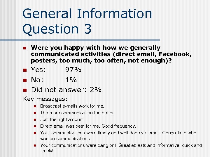 General Information Question 3 n Were you happy with how we generally communicated activities