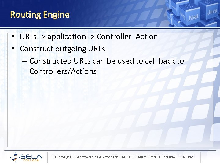 Routing Engine • URLs -> application -> Controller Action • Construct outgoing URLs –