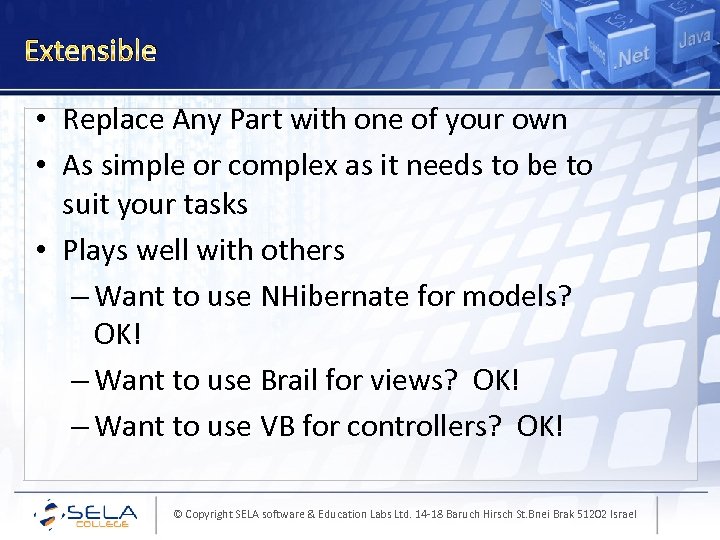 Extensible • Replace Any Part with one of your own • As simple or