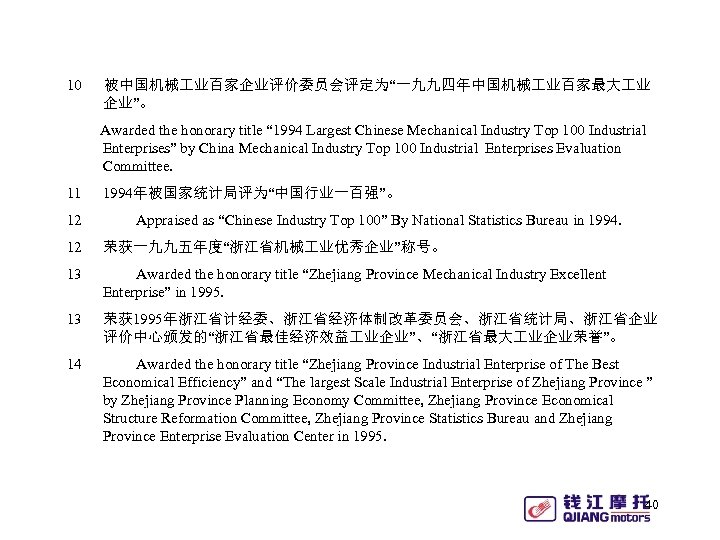 10 被中国机械 业百家企业评价委员会评定为“一九九四年中国机械 业百家最大 业 企业”。 Awarded the honorary title “ 1994 Largest Chinese