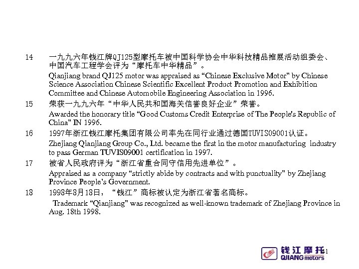14 15 16 17 18 一九九六年钱江牌QJ 125型摩托车被中国科学协会中华科技精品推展活动组委会、 中国汽车 程学会评为“摩托车中华精品”。 Qianjiang brand QJ 125 motor