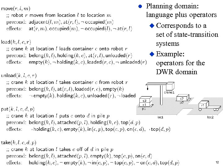 l Planning domain: language plus operators u Corresponds to a set of state-transition systems