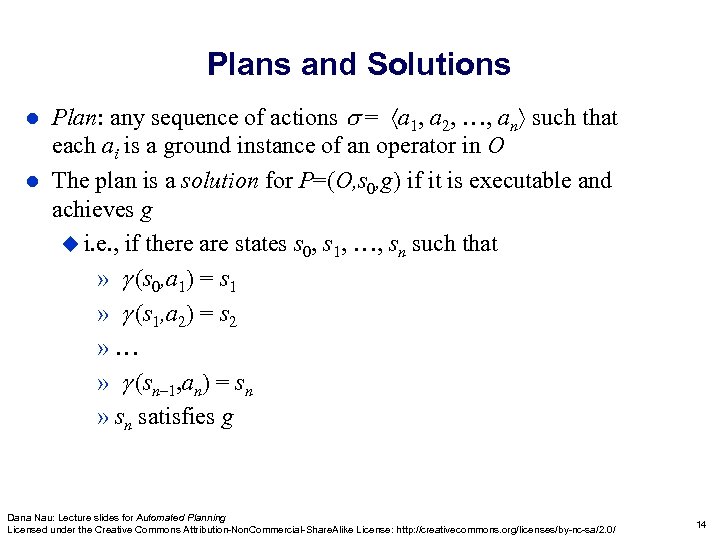 Plans and Solutions Plan: any sequence of actions = a 1, a 2, …,
