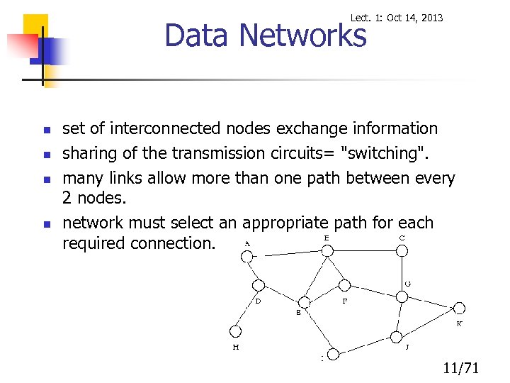 Lect. 1: Oct 14, 2013 Data Networks n n set of interconnected nodes exchange