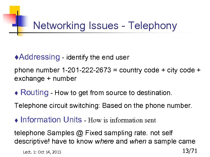 Networking Issues - Telephony t. Addressing - identify the end user phone number 1