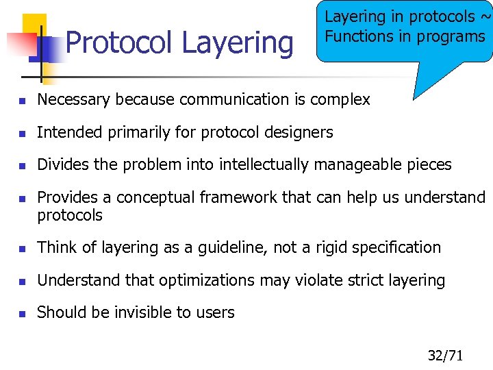 Protocol Layering Lect. 1: Oct 14, protocols ~ Layering in 2013 Functions in programs