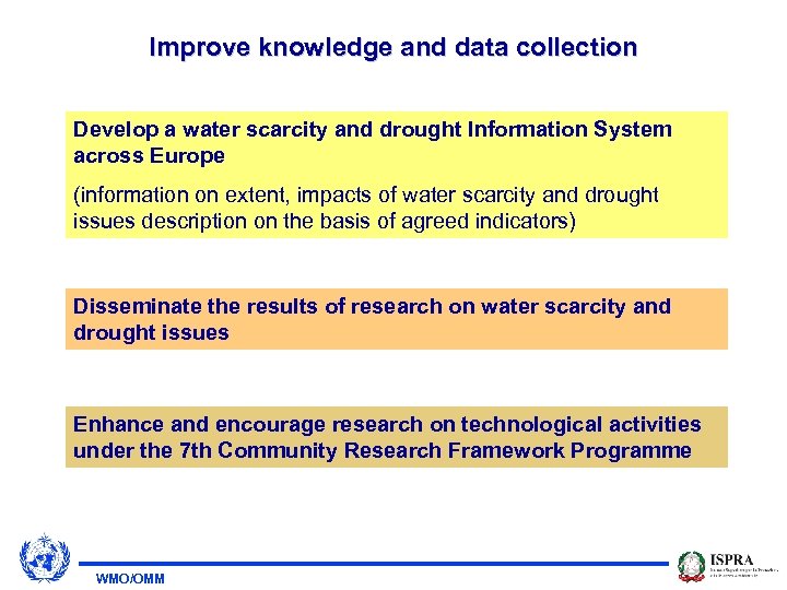 Improve knowledge and data collection Develop a water scarcity and drought Information System across