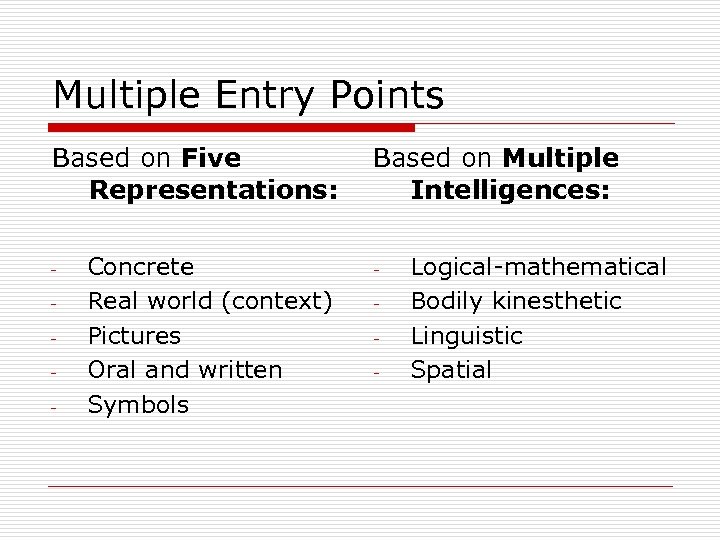 Multiple Entry Points Based on Five Representations: - Concrete Real world (context) Pictures Oral