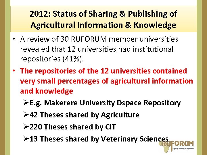 2012: Status of Sharing & Publishing of Agricultural Information & Knowledge • A review