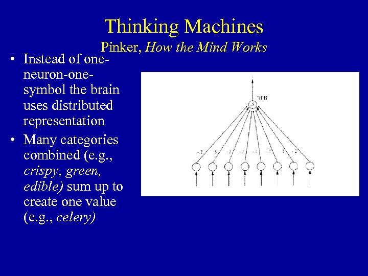 Thinking Machines Pinker, How the Mind Works • Instead of oneneuron-onesymbol the brain uses
