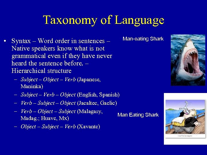Taxonomy of Language • Syntax – Word order in sentences – Native speakers know
