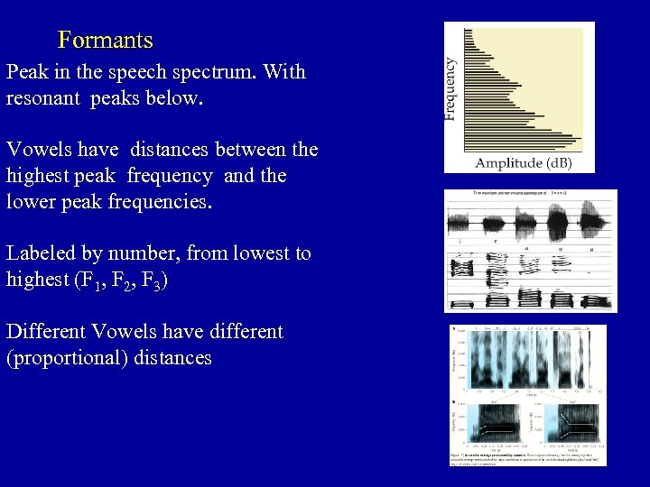 Formants Peak in the speech spectrum. With resonant peaks below. Vowels have distances between