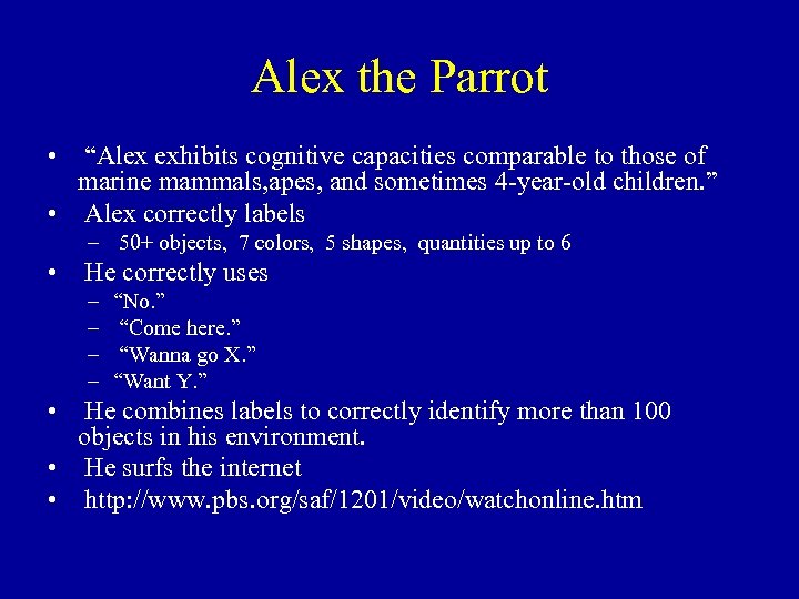 Alex the Parrot • “Alex exhibits cognitive capacities comparable to those of marine mammals,