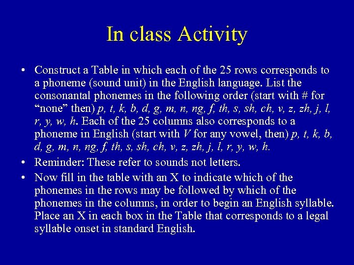 In class Activity • Construct a Table in which each of the 25 rows