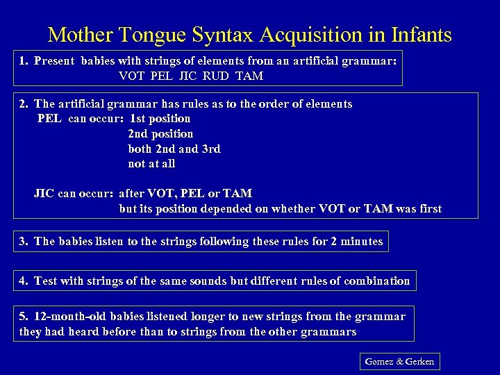 Mother Tongue Syntax Acquisition in Infants 1. Present babies with strings of elements from