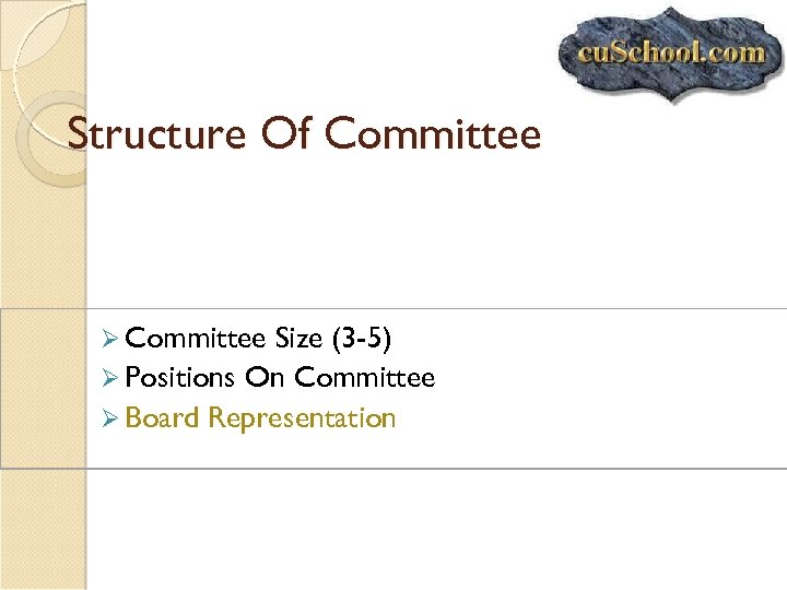 Structure Of Committee Ø Committee Size (3 -5) Ø Positions On Committee Ø Board