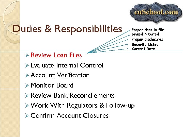 Duties & Responsibilities Ø Review Loan Files Ø Evaluate Internal Control Ø Account Verification