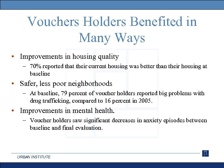Vouchers Holders Benefited in Many Ways • Improvements in housing quality – 70% reported