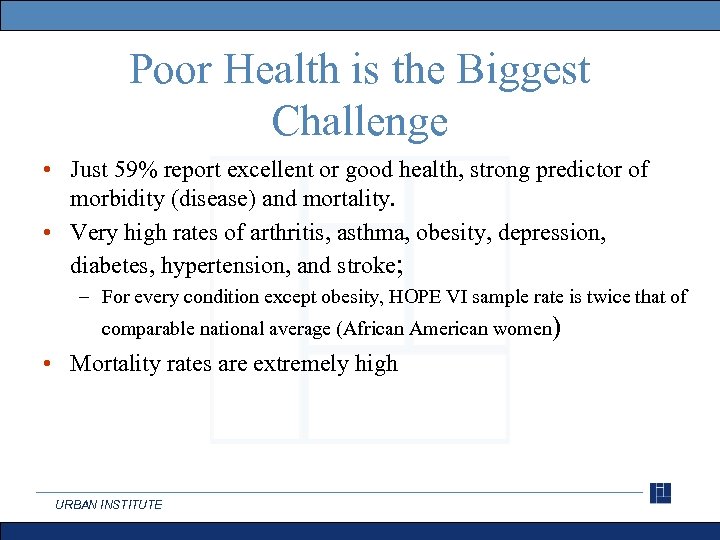 Poor Health is the Biggest Challenge • Just 59% report excellent or good health,