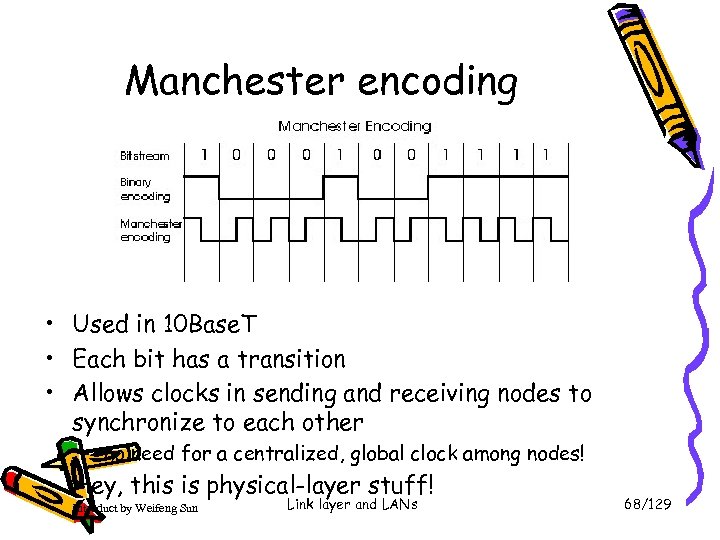 Manchester encoding • Used in 10 Base. T • Each bit has a transition