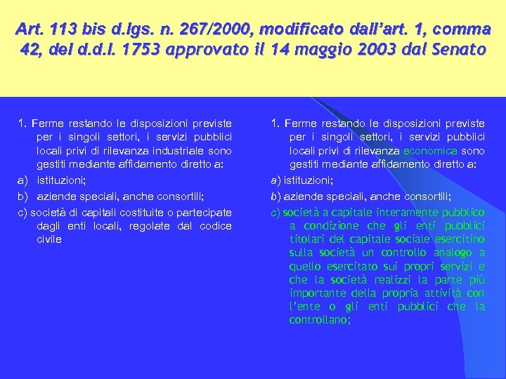 Art. 113 bis d. lgs. n. 267/2000, modificato dall’art. 1, comma 42, del d.