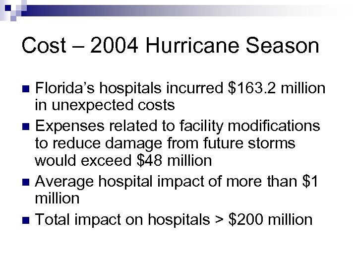 Cost – 2004 Hurricane Season Florida’s hospitals incurred $163. 2 million in unexpected costs