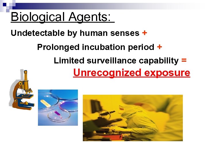 Biological Agents: Undetectable by human senses + Prolonged incubation period + Limited surveillance capability