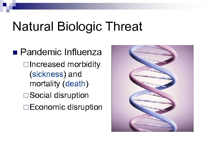 Natural Biologic Threat n Pandemic Influenza ¨ Increased morbidity (sickness) and mortality (death) ¨