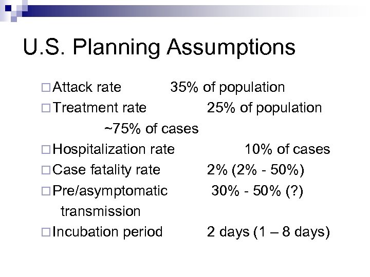 U. S. Planning Assumptions ¨ Attack rate 35% of population ¨ Treatment rate 25%