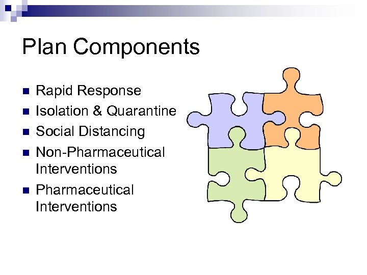 Plan Components n n n Rapid Response Isolation & Quarantine Social Distancing Non-Pharmaceutical Interventions