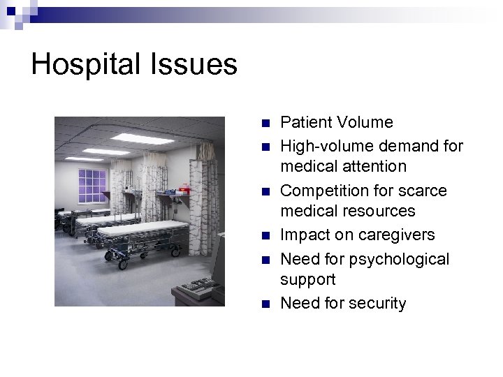 Hospital Issues n n n Patient Volume High-volume demand for medical attention Competition for