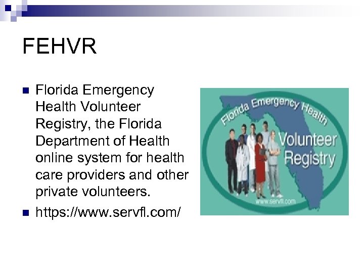 FEHVR n n Florida Emergency Health Volunteer Registry, the Florida Department of Health online