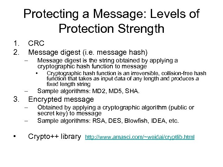 Protecting a Message: Levels of Protection Strength 1. 2. CRC Message digest (i. e.