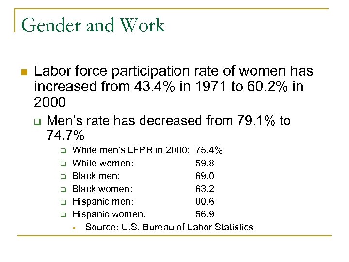 Gender and Work n Labor force participation rate of women has increased from 43.