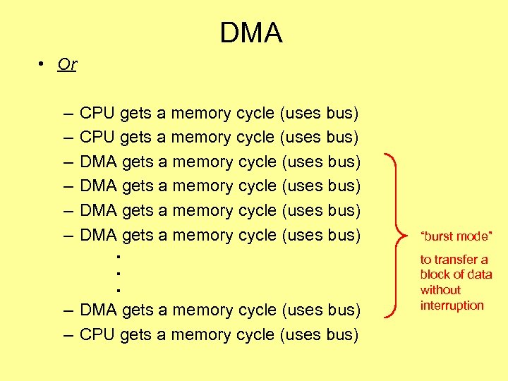 DMA • Or – – – CPU gets a memory cycle (uses bus) DMA