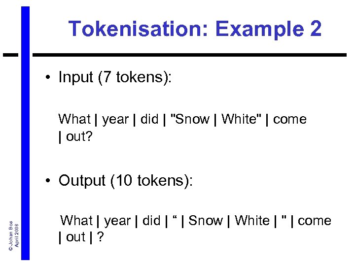 Tokenisation: Example 2 • Input (7 tokens): What | year | did | "Snow